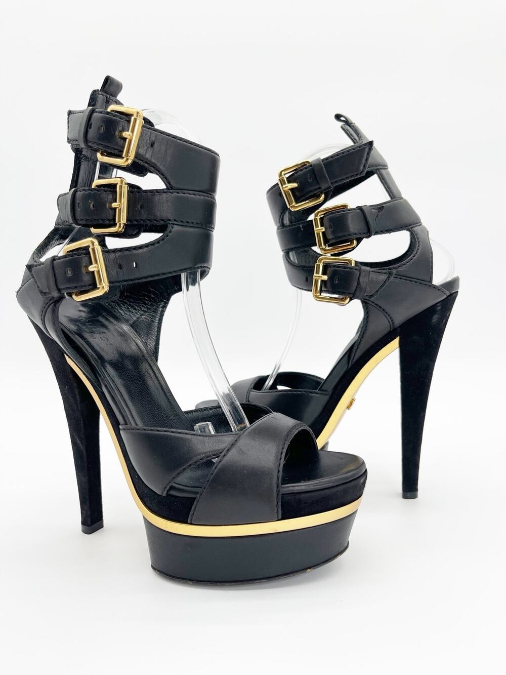 Gucci Iman Spring 2009 Runway Black Leather Platform Ankle Strap Sandals IT 36.5